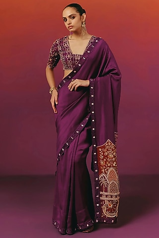Aubergine Purple Pure Dupion Silk Hand Embroidered Saree Set by WARRA