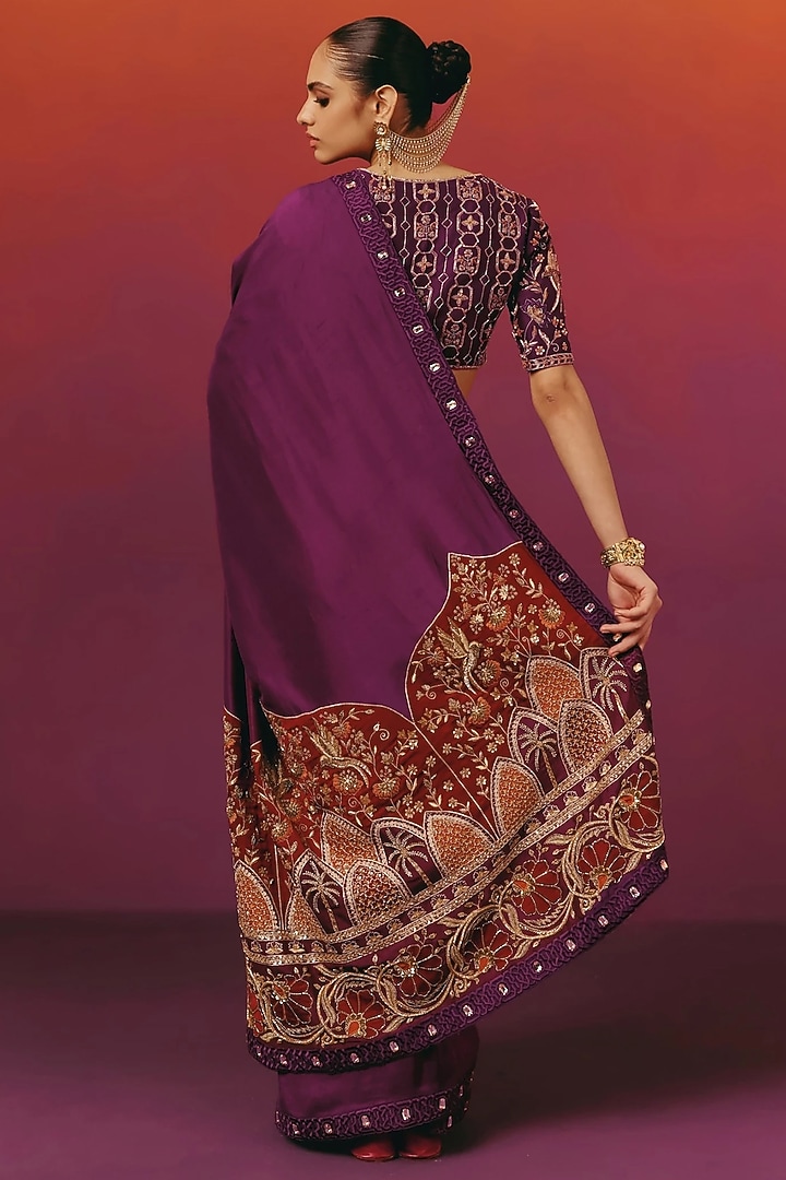 Aubergine Purple Pure Dupion Silk Hand Embroidered Reception Saree Set by WARRA at Pernia's Pop Up Shop