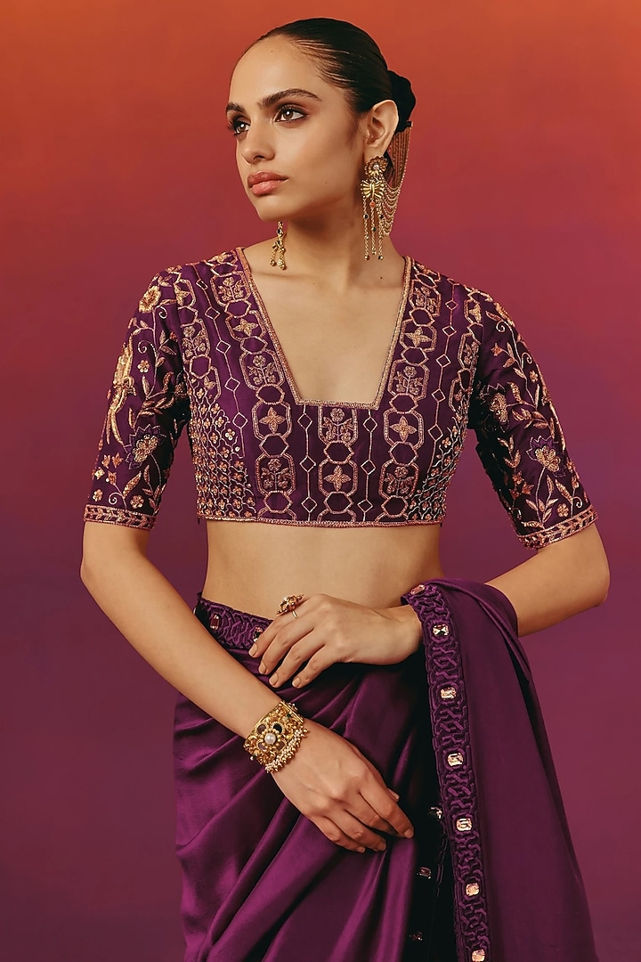Aubergine Purple Pure Dupion Silk Hand Embroidered Reception Saree Set by WARRA at Pernia's Pop Up Shop