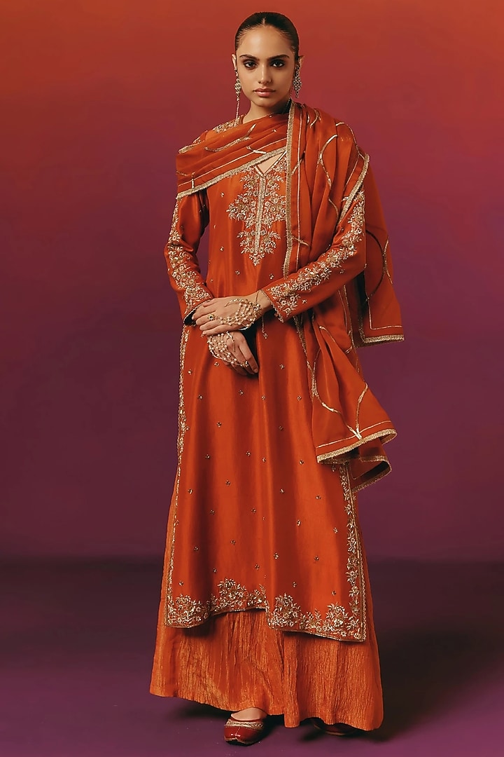 Rust Orange Pure Dupion Silk Zardosi Hand Embroidered Kurta Set by WARRA at Pernia's Pop Up Shop