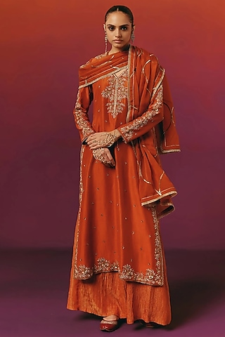 Rust Orange Pure Dupion Silk Zardosi Hand Embroidered Kurta Set by WARRA