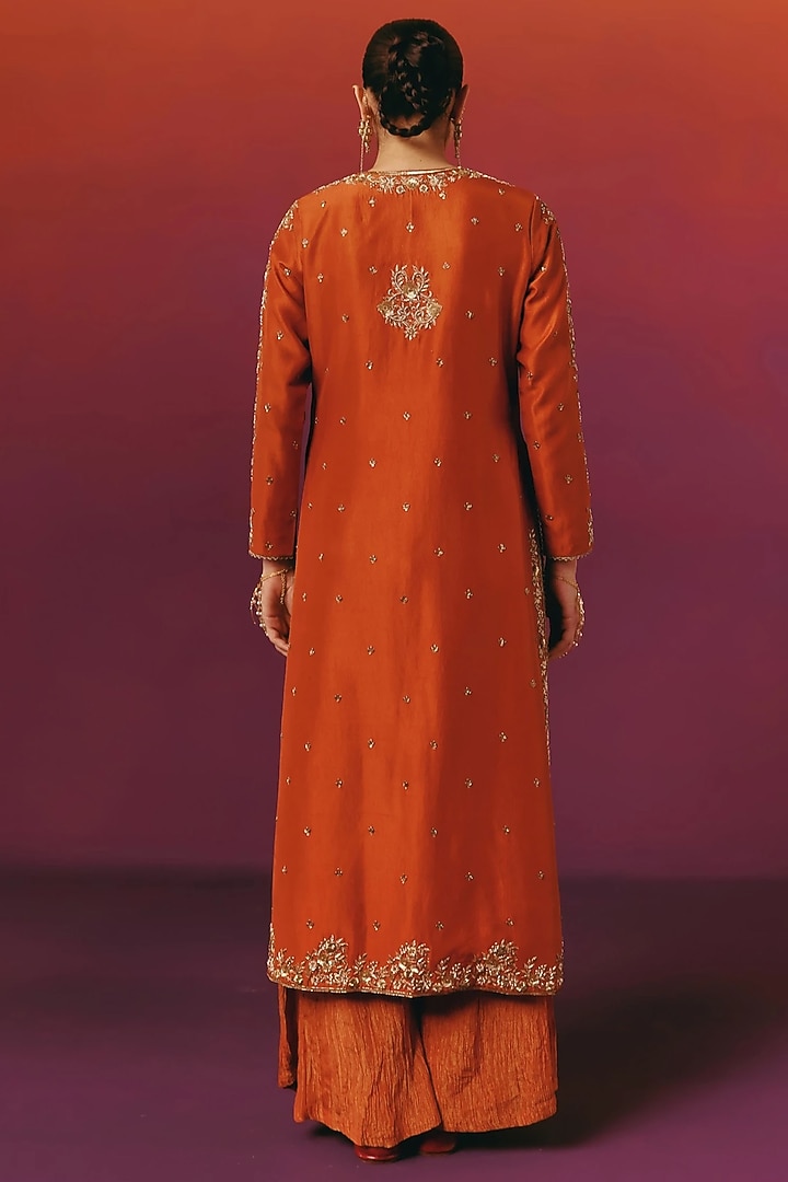 Rust Orange Pure Dupion Silk Zardosi Hand Embroidered Kurta Set by WARRA at Pernia's Pop Up Shop