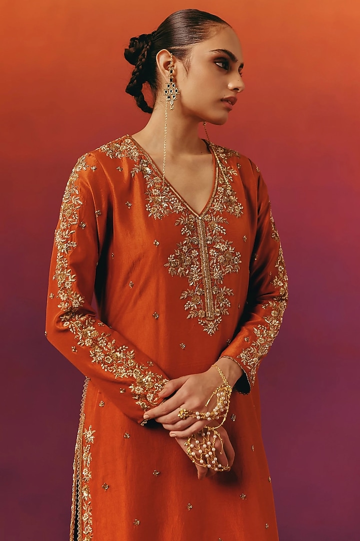Rust Orange Pure Dupion Silk Zardosi Hand Embroidered Kurta Set by WARRA at Pernia's Pop Up Shop