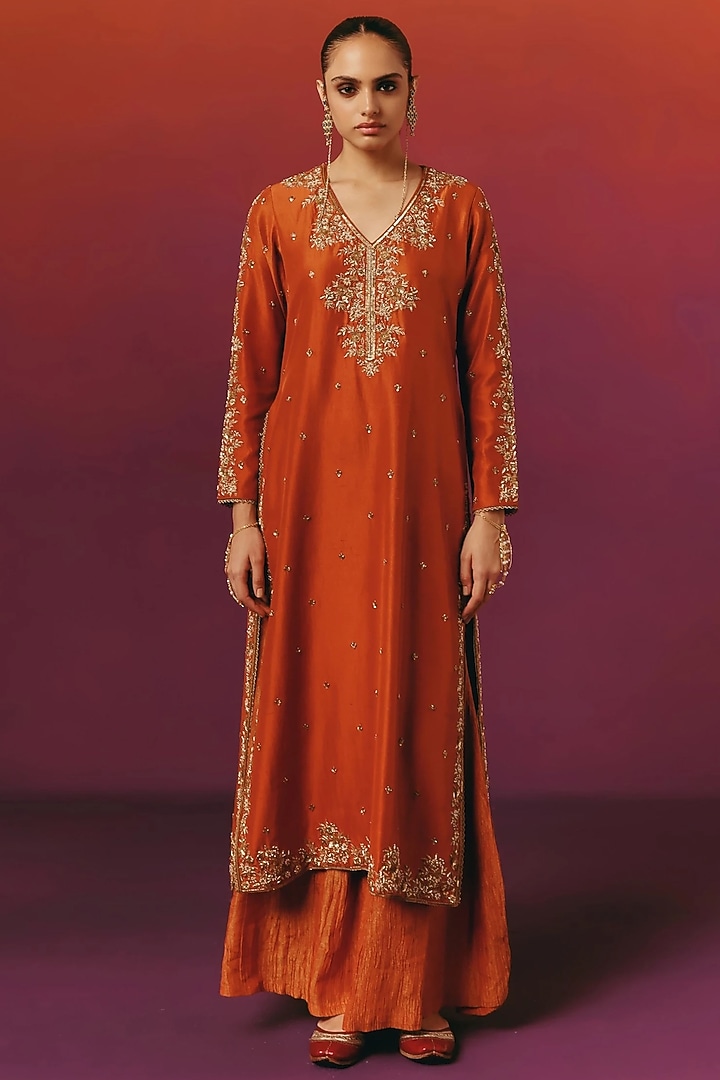 Rust Orange Pure Dupion Silk Zardosi Hand Embroidered Kurta Set by WARRA at Pernia's Pop Up Shop