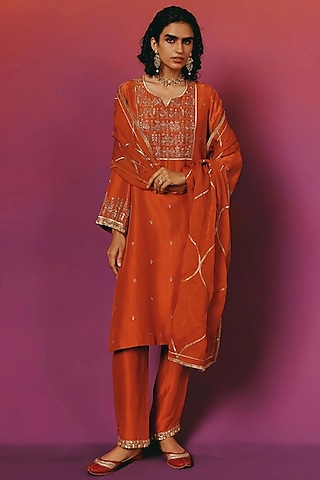 Rust Orange Pure Dupion Silk Hand Embroidered Kurta Set by warra