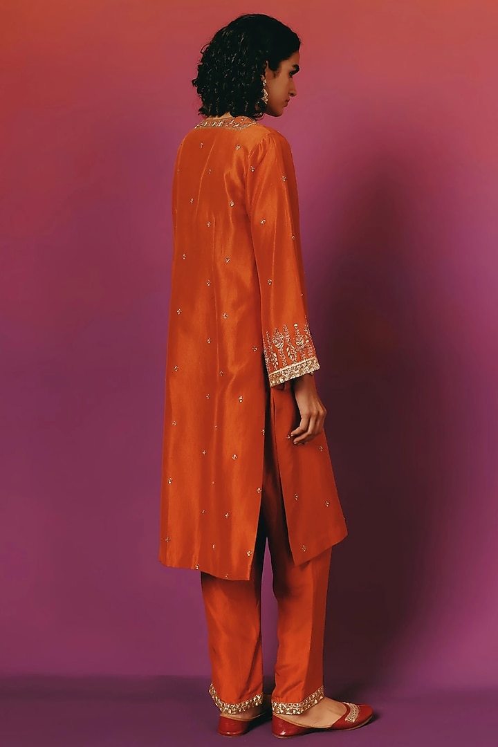 Rust Orange Pure Dupion Silk Hand Embroidered Kurta Set by WARRA at Pernia's Pop Up Shop