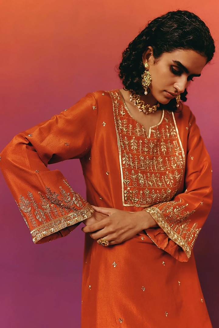 Rust Orange Pure Dupion Silk Hand Embroidered Kurta Set by WARRA at Pernia's Pop Up Shop