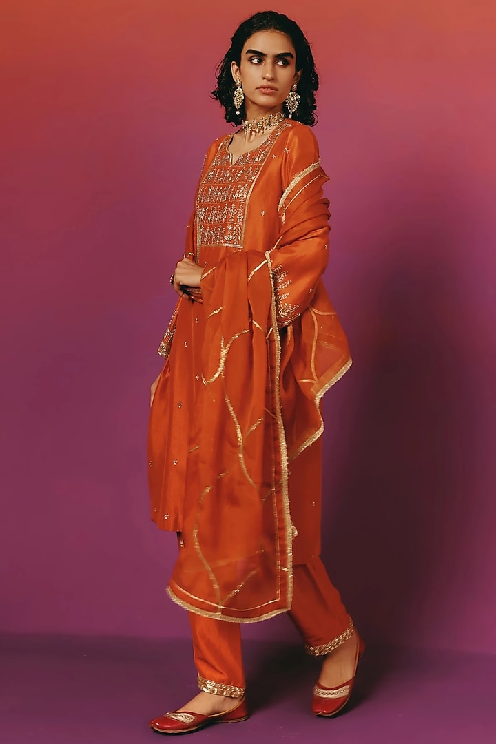 Rust Orange Pure Dupion Silk Hand Embroidered Kurta Set by WARRA at Pernia's Pop Up Shop