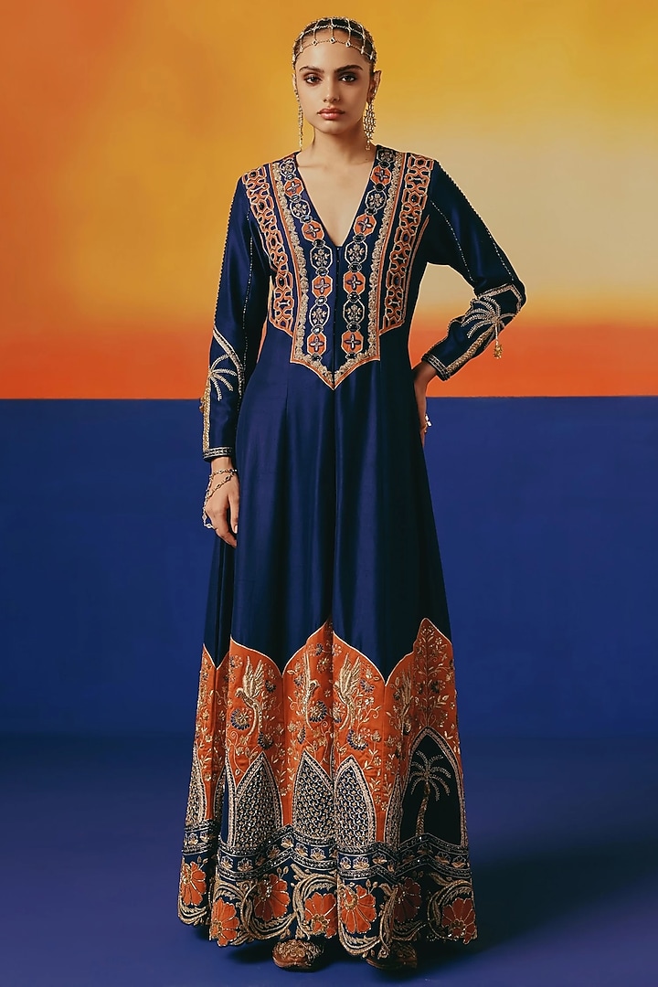 Ink Blue Pure Dupion Silk Cutdana Hand Embroidered Bridal Anarkali Set by WARRA at Pernia's Pop Up Shop