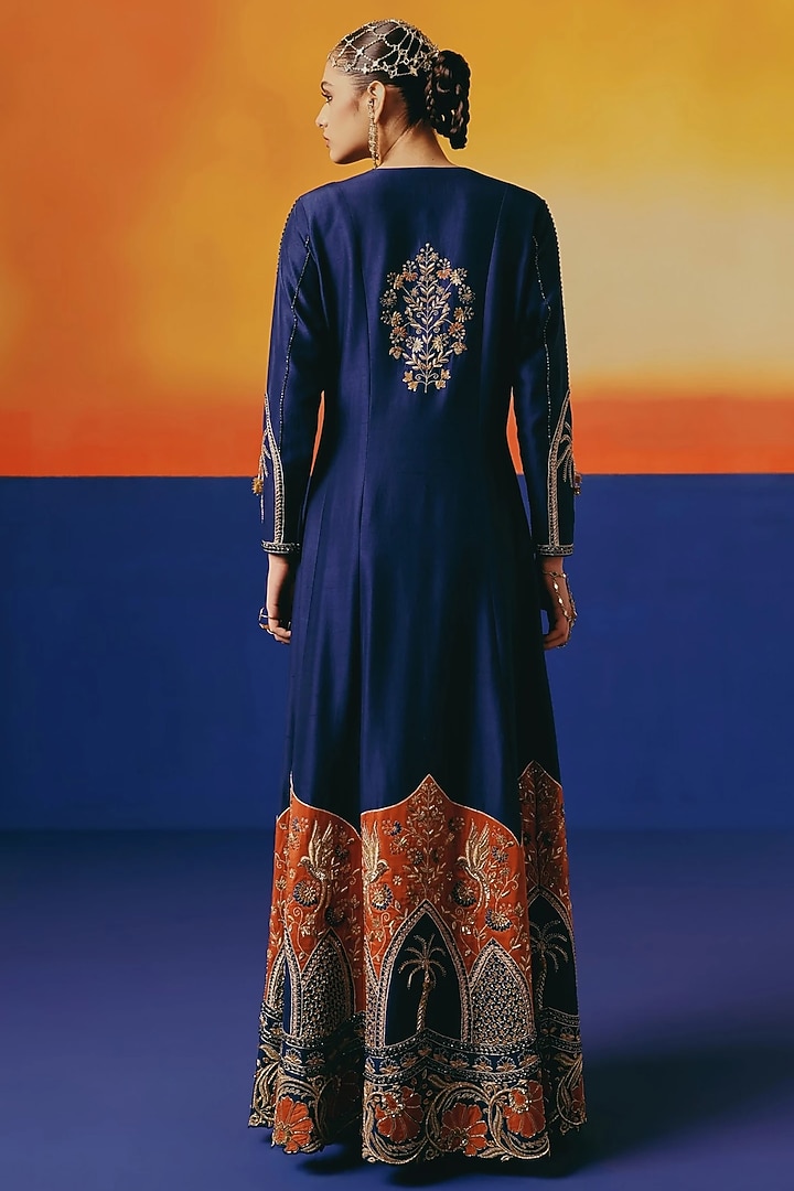 Ink Blue Pure Dupion Silk Cutdana Hand Embroidered Bridal Anarkali Set by WARRA at Pernia's Pop Up Shop