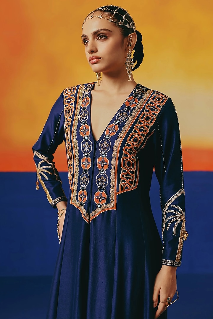 Ink Blue Pure Dupion Silk Cutdana Hand Embroidered Bridal Anarkali Set by WARRA at Pernia's Pop Up Shop