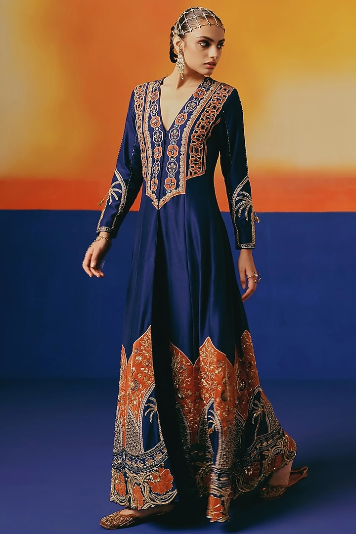 Ink Blue Pure Dupion Silk Cutdana Hand Embroidered Bridal Anarkali Set by WARRA at Pernia's Pop Up Shop