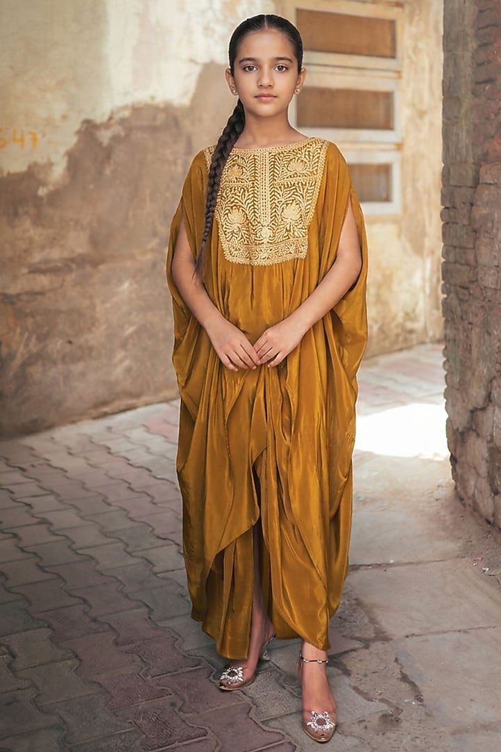 Mustard Crepe Kashmiri Tilla Embroidered Dhoti Pants Set For Girls by Wazir C Kids at Pernia's Pop Up Shop