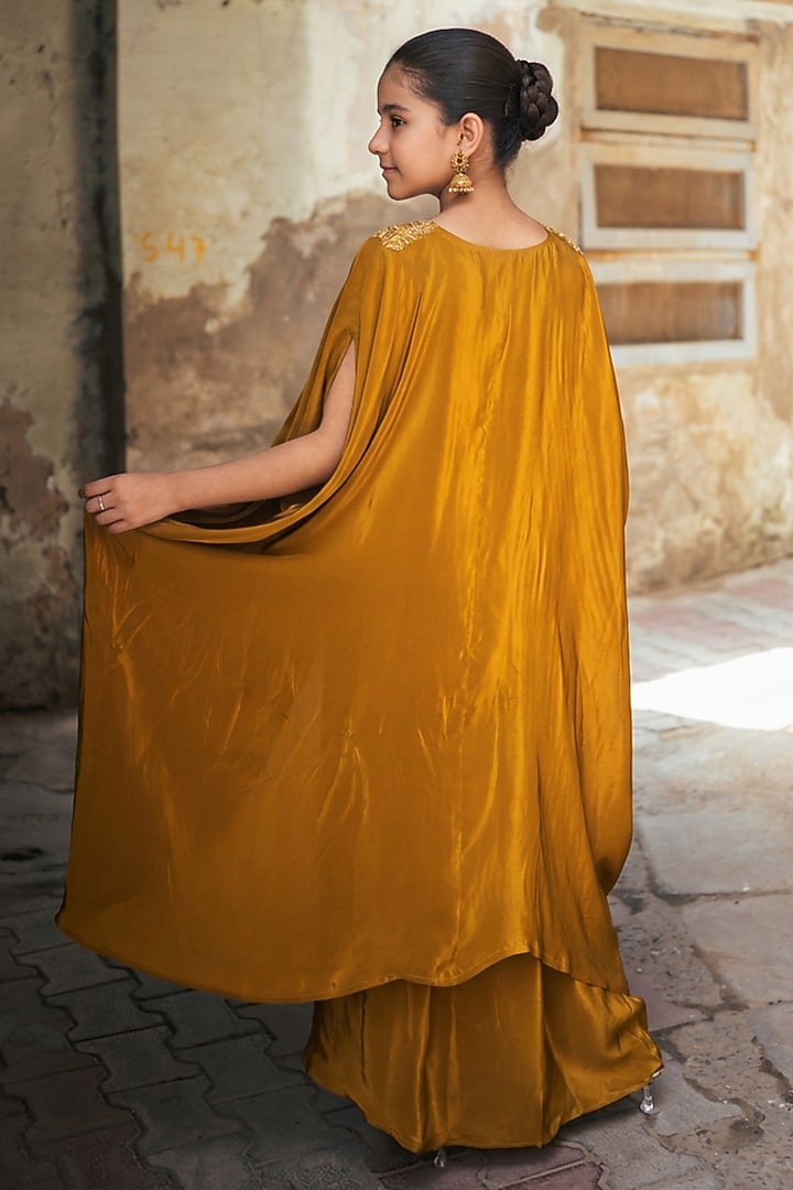 Mustard Crepe Kashmiri Tilla Embroidered Dhoti Pants Set For Girls by Wazir C Kids at Pernia's Pop Up Shop