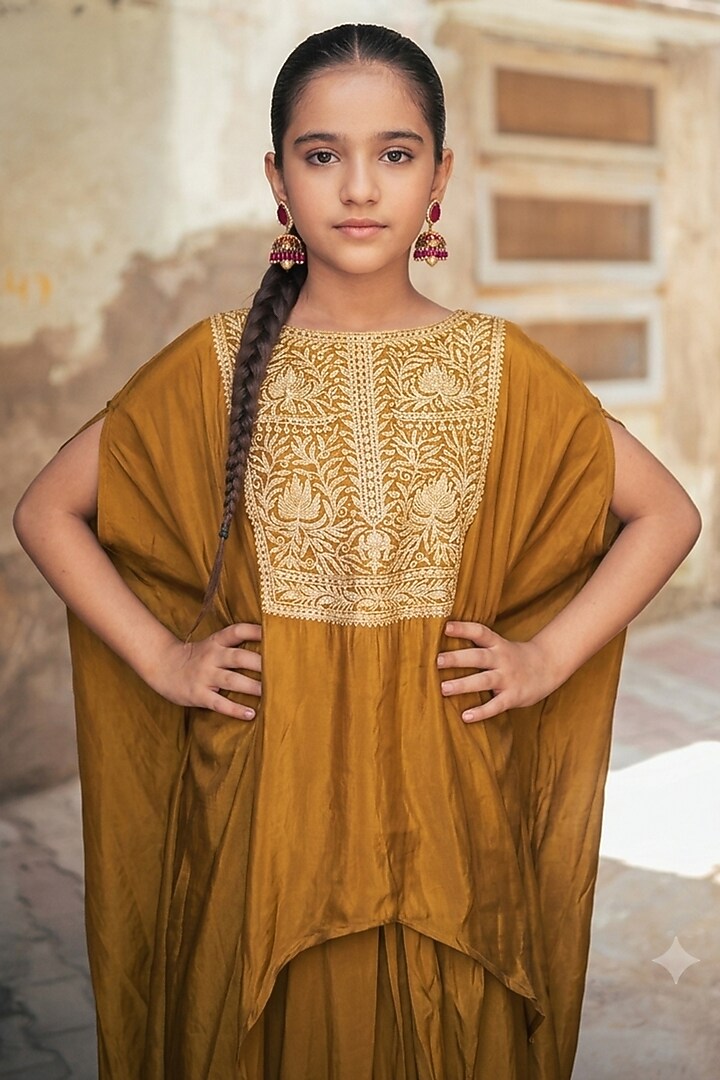 Mustard Crepe Kashmiri Tilla Embroidered Dhoti Pants Set For Girls by Wazir C Kids at Pernia's Pop Up Shop