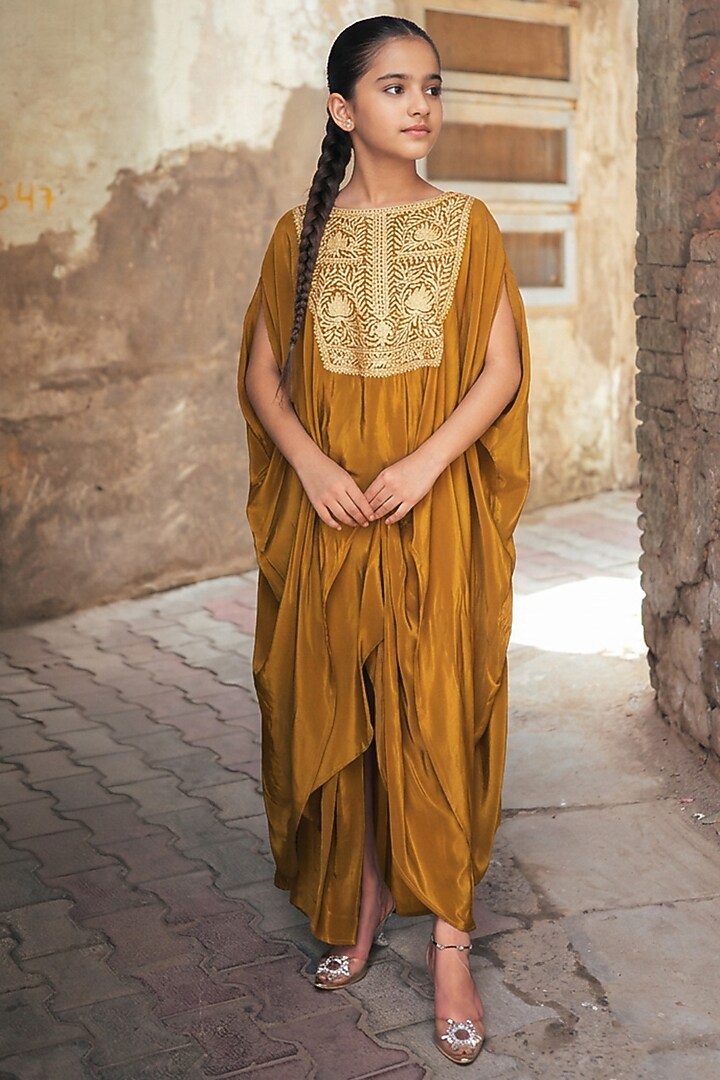 Mustard Crepe Kashmiri Tilla Embroidered Dhoti Pants Set For Girls by Wazir C Kids at Pernia's Pop Up Shop