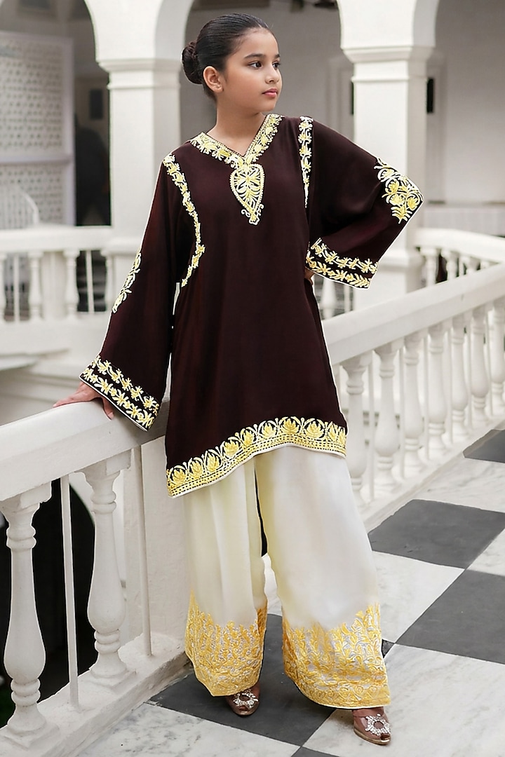 Brown & Lemon Crepe Kashmiri Aari Embroidered Kurta Set For Girls by Wazir C Kids at Pernia's Pop Up Shop