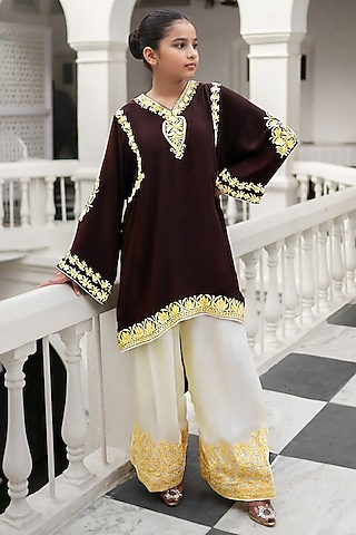 Brown & Lemon Crepe Kashmiri Aari Embroidered Kurta Set For Girls by Wazir C Kids