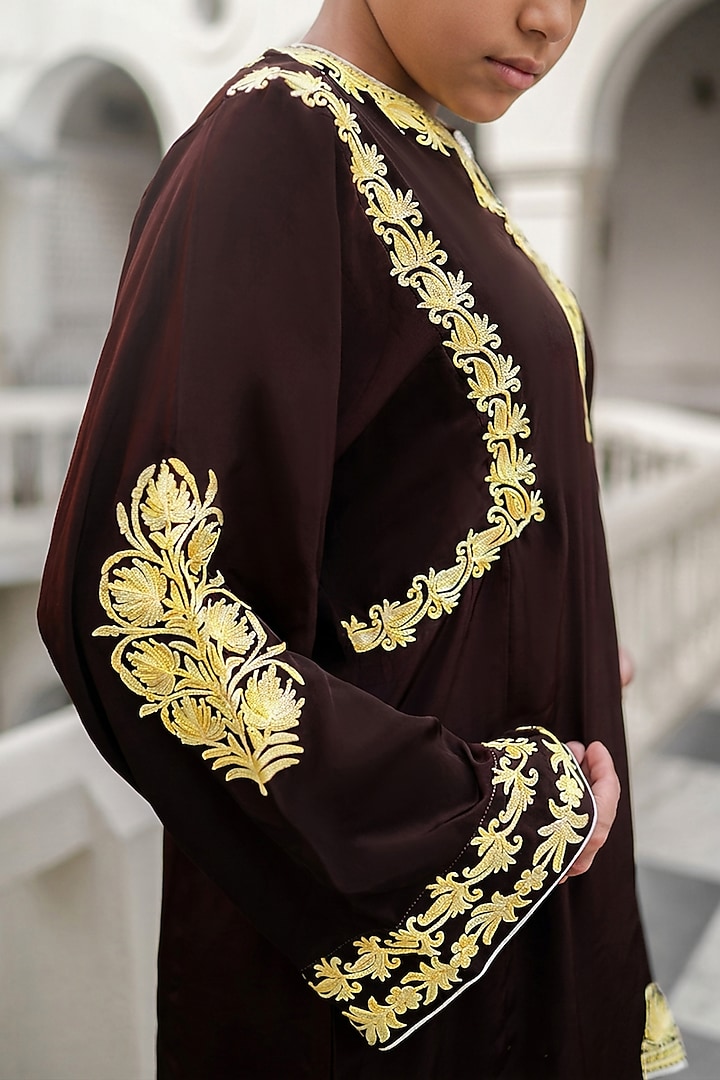 Brown & Lemon Crepe Kashmiri Aari Embroidered Kurta Set For Girls by Wazir C Kids at Pernia's Pop Up Shop