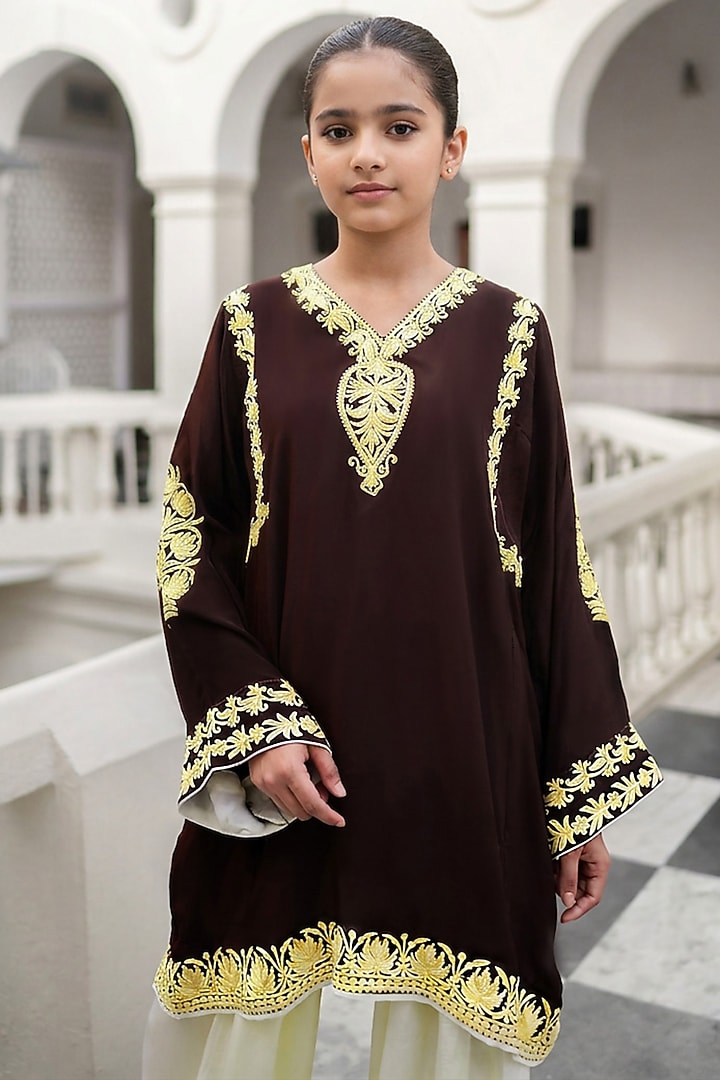 Brown & Lemon Crepe Kashmiri Aari Embroidered Kurta Set For Girls by Wazir C Kids at Pernia's Pop Up Shop