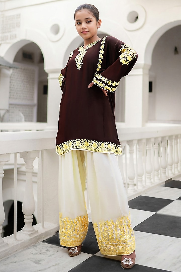 Brown & Lemon Crepe Kashmiri Aari Embroidered Kurta Set For Girls by Wazir C Kids at Pernia's Pop Up Shop