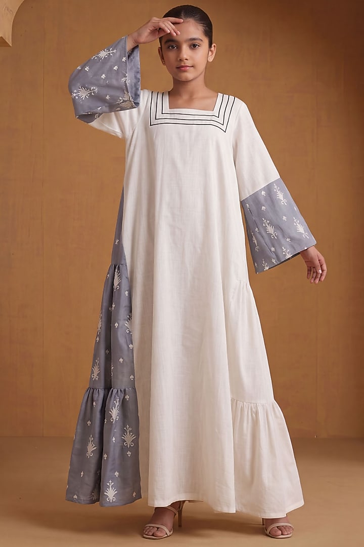 Off-White & Blue Linen Aari Embroidered Dress For Girls by Wazir C Kids at Pernia's Pop Up Shop