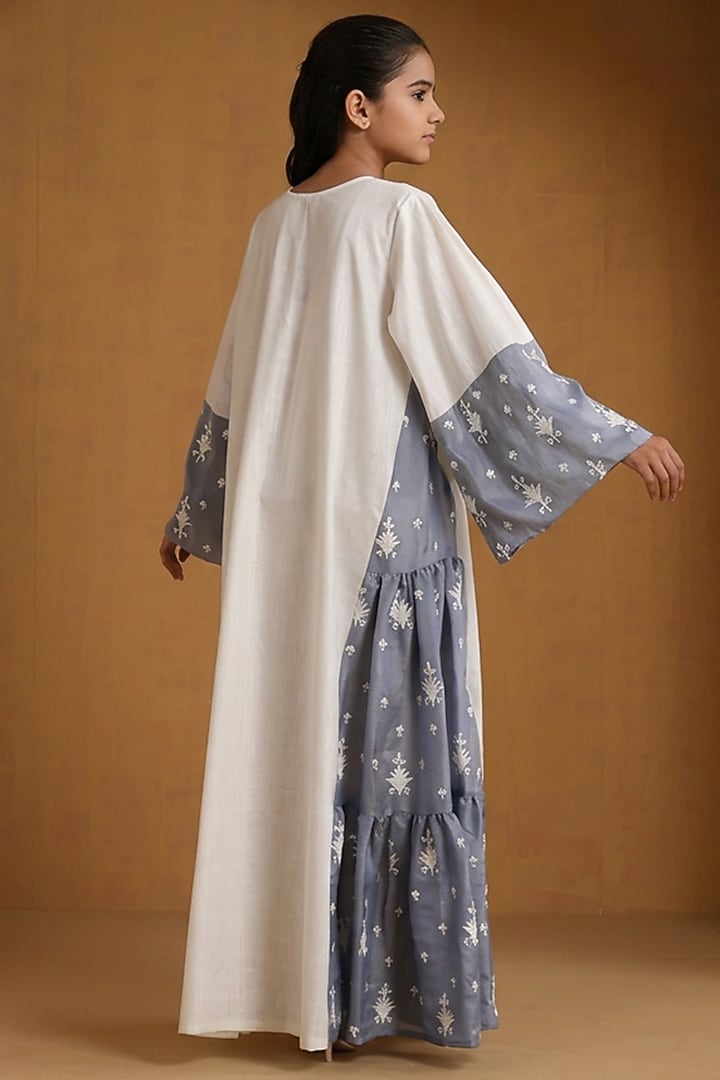 Off-White & Blue Linen Aari Embroidered Dress For Girls by Wazir C Kids at Pernia's Pop Up Shop