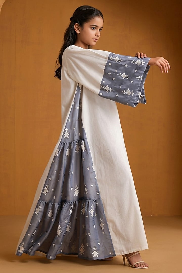 Off-White & Blue Linen Aari Embroidered Dress For Girls by Wazir C Kids at Pernia's Pop Up Shop