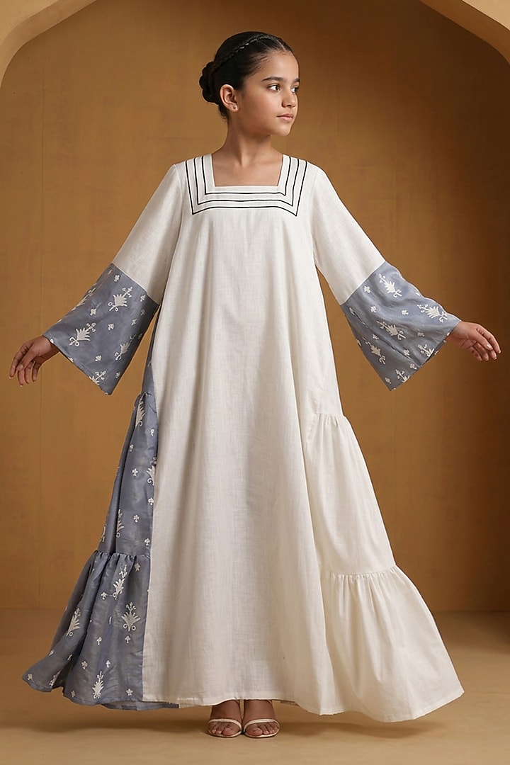Off-White & Blue Linen Aari Embroidered Dress For Girls by Wazir C Kids at Pernia's Pop Up Shop