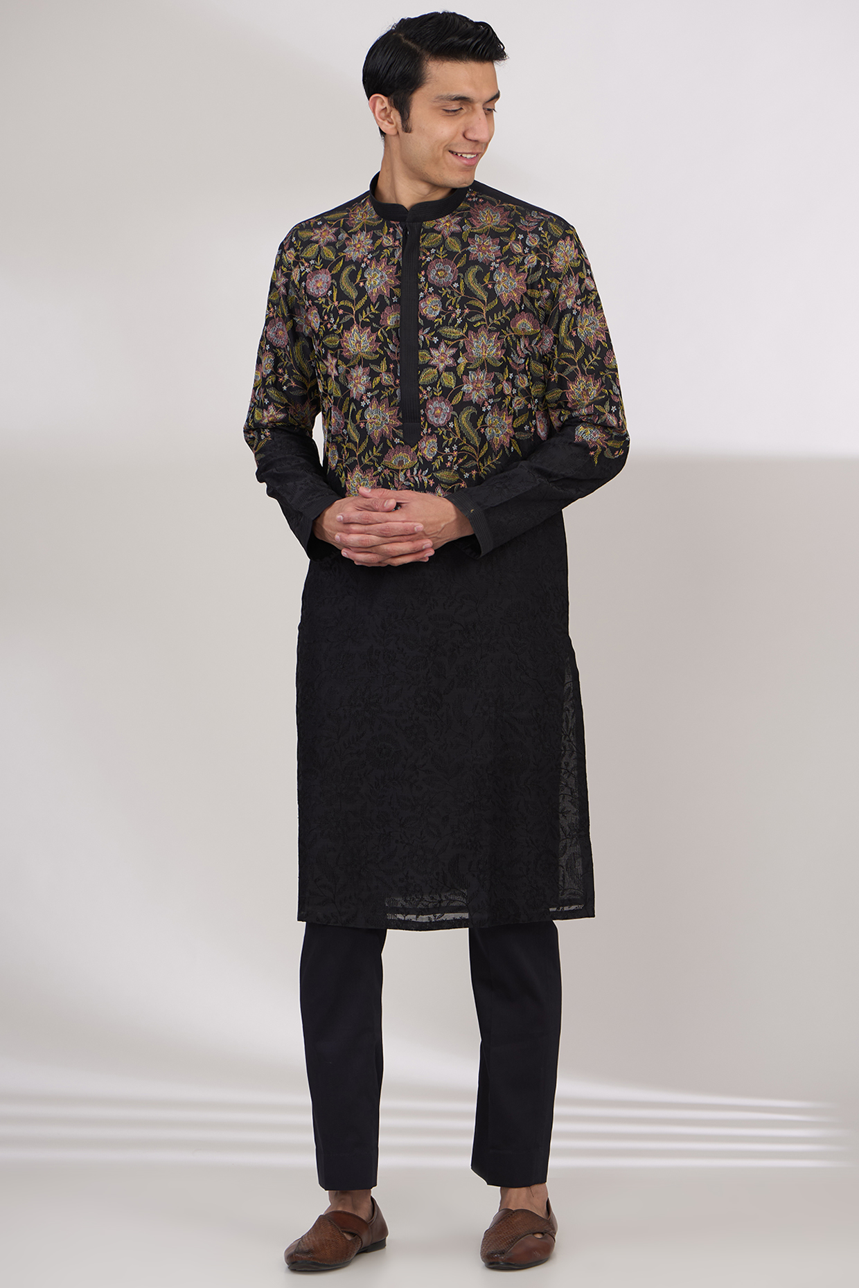 Charcoal Black Chanderi Handloom Resham Embroidered Kurta Set by WABI SABI