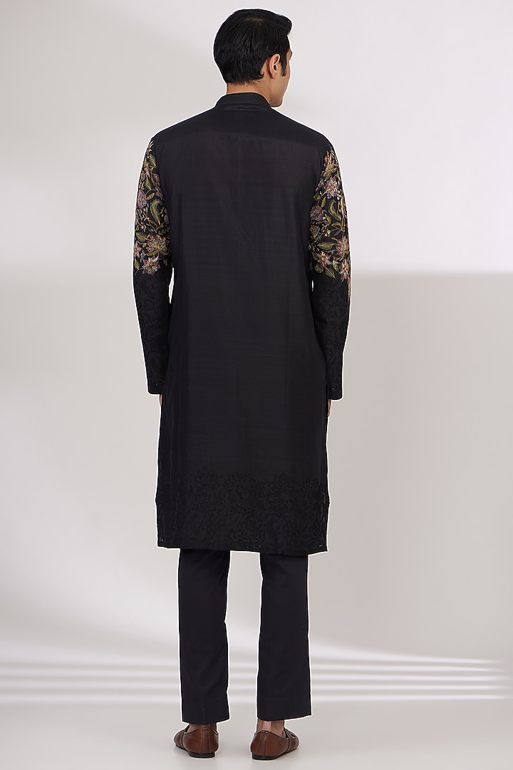 Charcoal Black Chanderi Handloom Resham Embroidered Kurta Set by Wabi Sabi Men at Pernia's Pop Up Shop