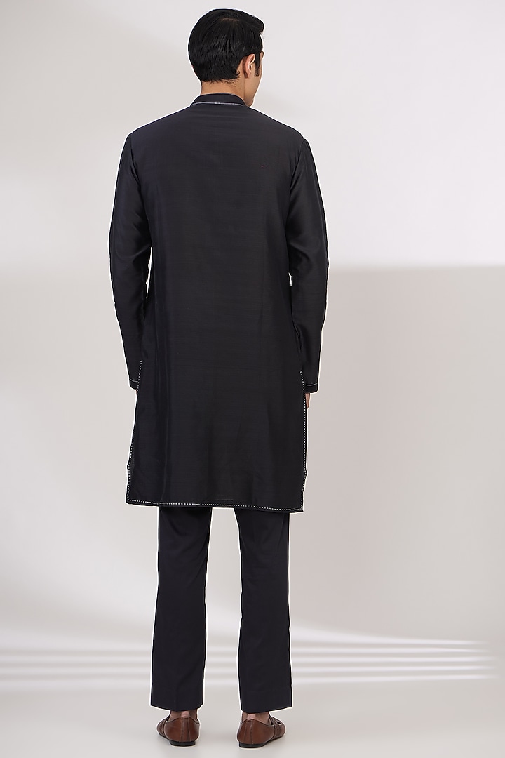 Charcoal Black Chanderi Handloom Resham Embroidered Kurta Set by Wabi Sabi Men at Pernia's Pop Up Shop