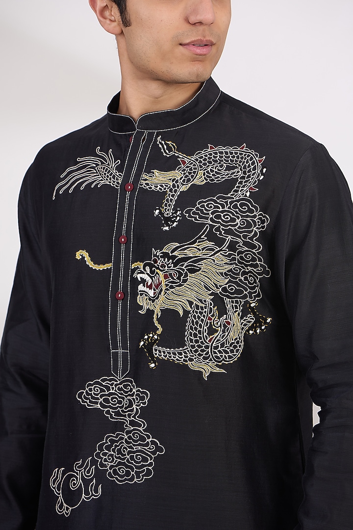Charcoal Black Chanderi Handloom Resham Embroidered Kurta Set by Wabi Sabi Men at Pernia's Pop Up Shop