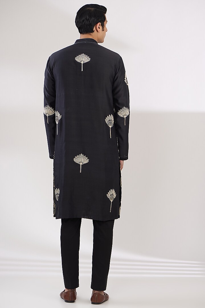 Charcoal Black Chanderi Handloom Aari Embroidered Kurta Set by Wabi Sabi Men at Pernia's Pop Up Shop