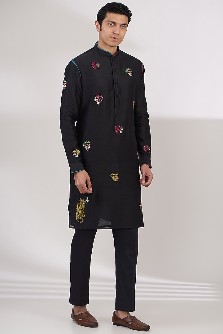 Charcoal Black Chanderi Handloom Resham Embroidered Kurta Set by WABI SABI
