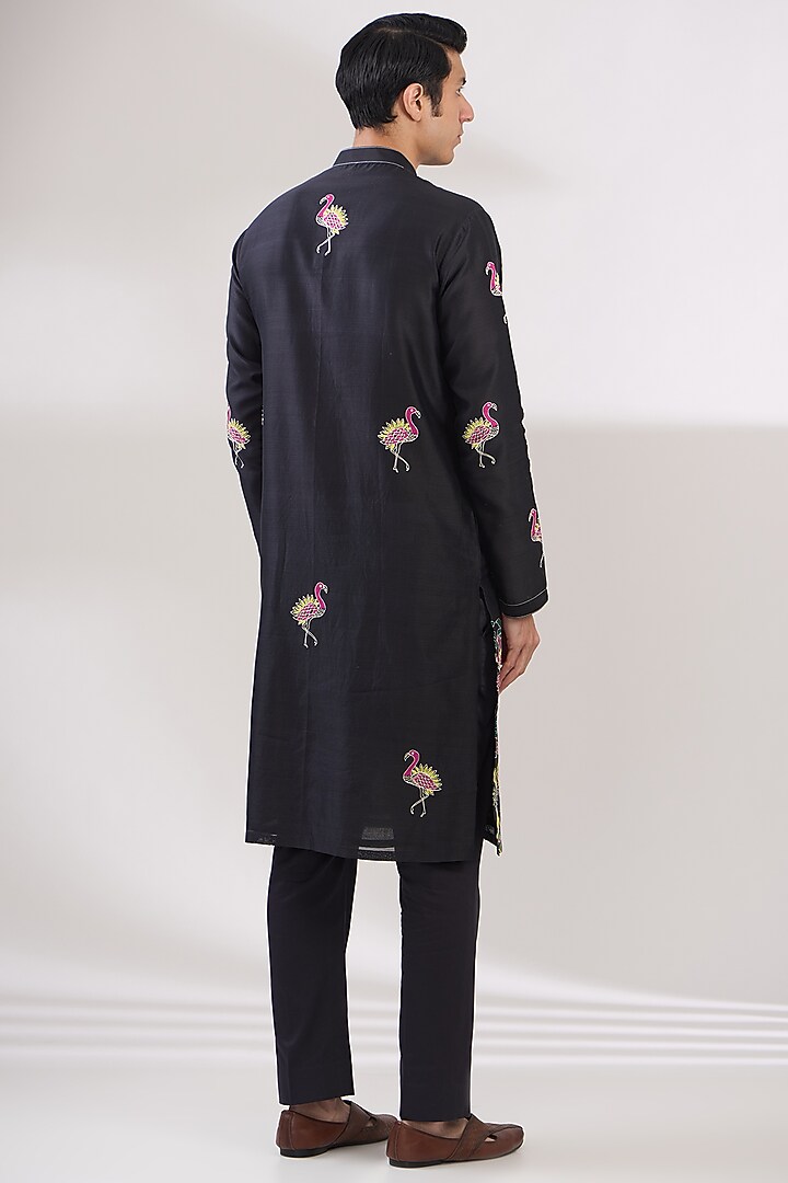 Charcoal Black Chanderi Handloom Aari Embroidered Kurta Set by Wabi Sabi Men at Pernia's Pop Up Shop