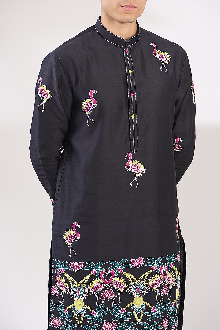 Charcoal Black Chanderi Handloom Aari Embroidered Kurta Set by Wabi Sabi Men at Pernia's Pop Up Shop