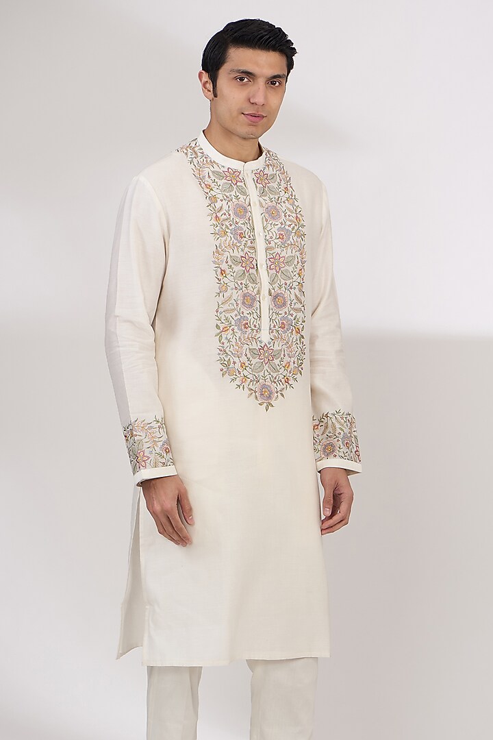 Ivory Chanderi Handloom Resham Embroidered Kurta Set by Wabi Sabi Men at Pernia's Pop Up Shop