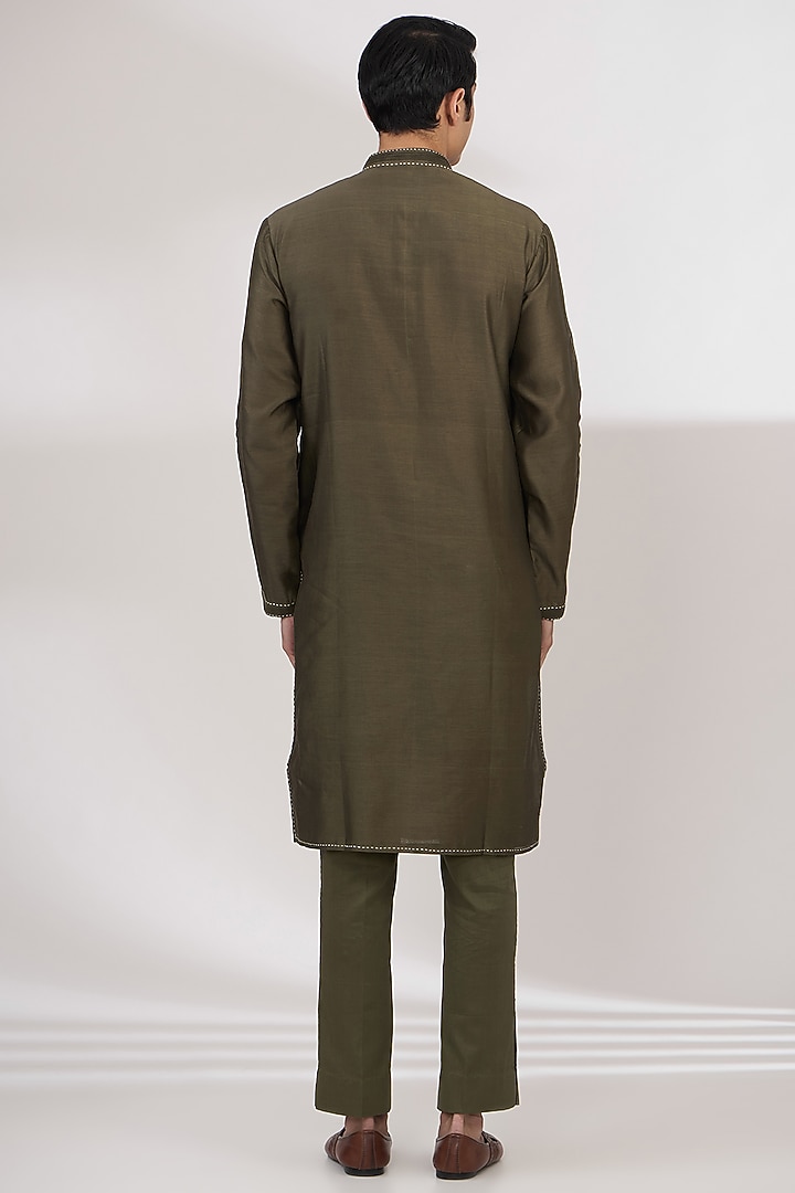 Dark Olive Chanderi Handloom Anchor Embroidered Kurta Set by Wabi Sabi Men at Pernia's Pop Up Shop