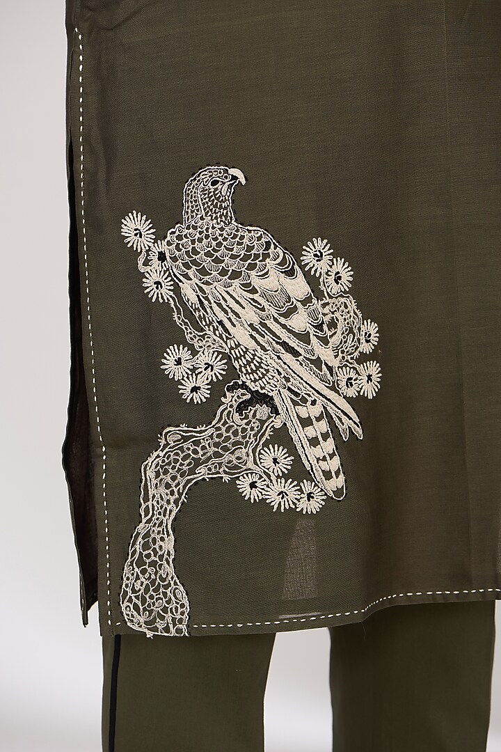 Dark Olive Chanderi Handloom Anchor Embroidered Kurta Set by Wabi Sabi Men at Pernia's Pop Up Shop