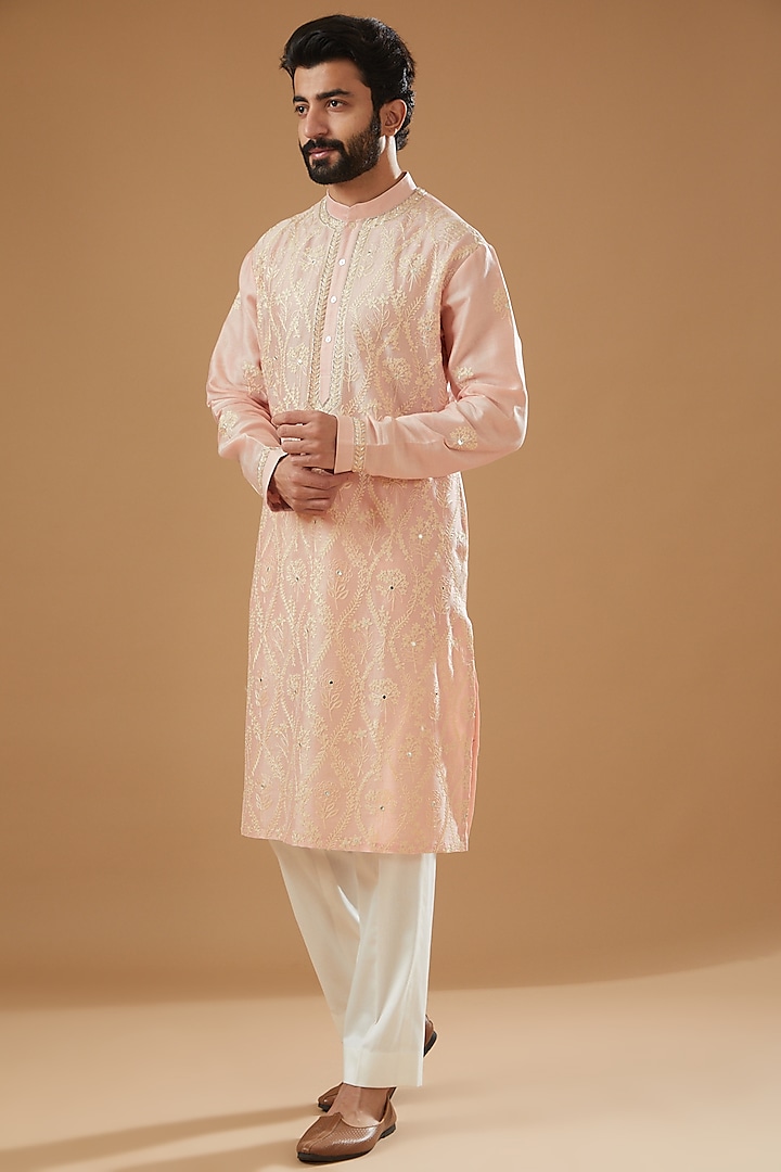 Pink Chanderi Handloom Hand Embroidered Kurta Set by Wabi Sabi Men at Pernia's Pop Up Shop