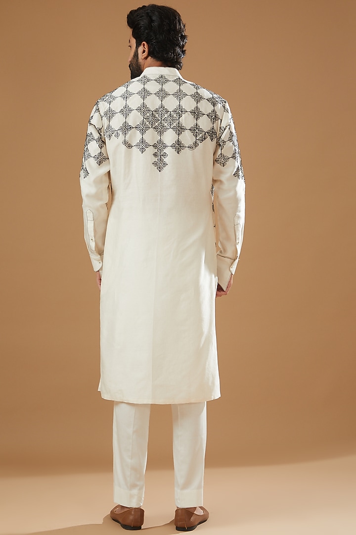 Ivory Chanderi Handloom Hand Embroidered Kurta Set by Wabi Sabi Men at Pernia's Pop Up Shop