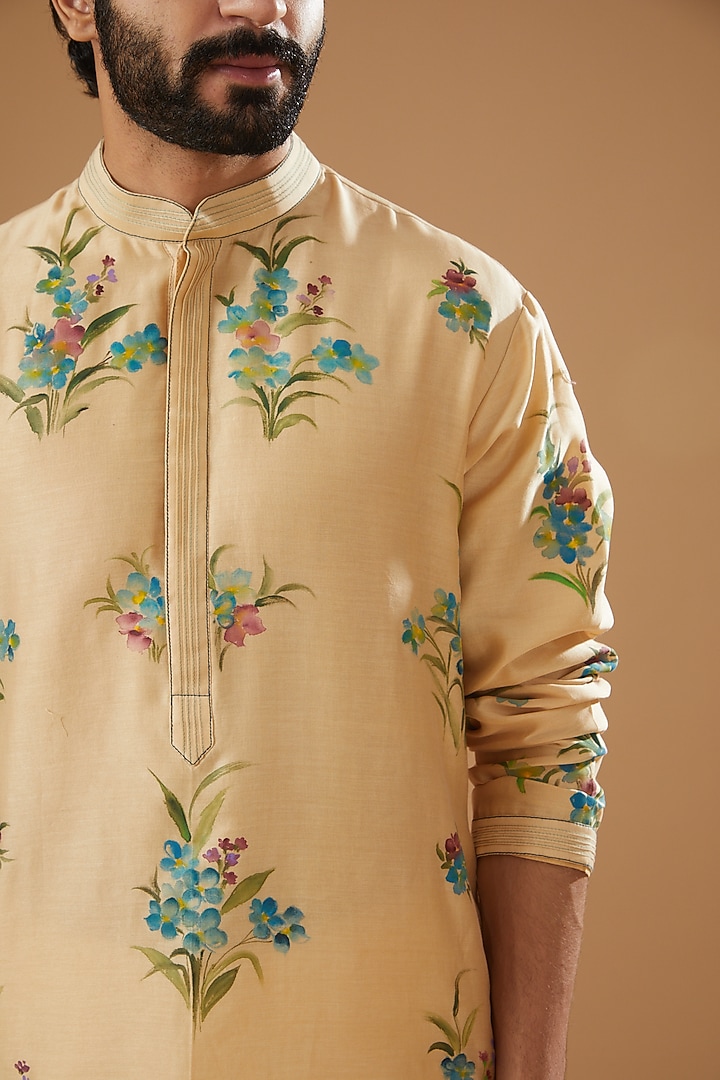 Beige Chanderi Handloom Hand Painted Kurta Set by Wabi Sabi Men at Pernia's Pop Up Shop