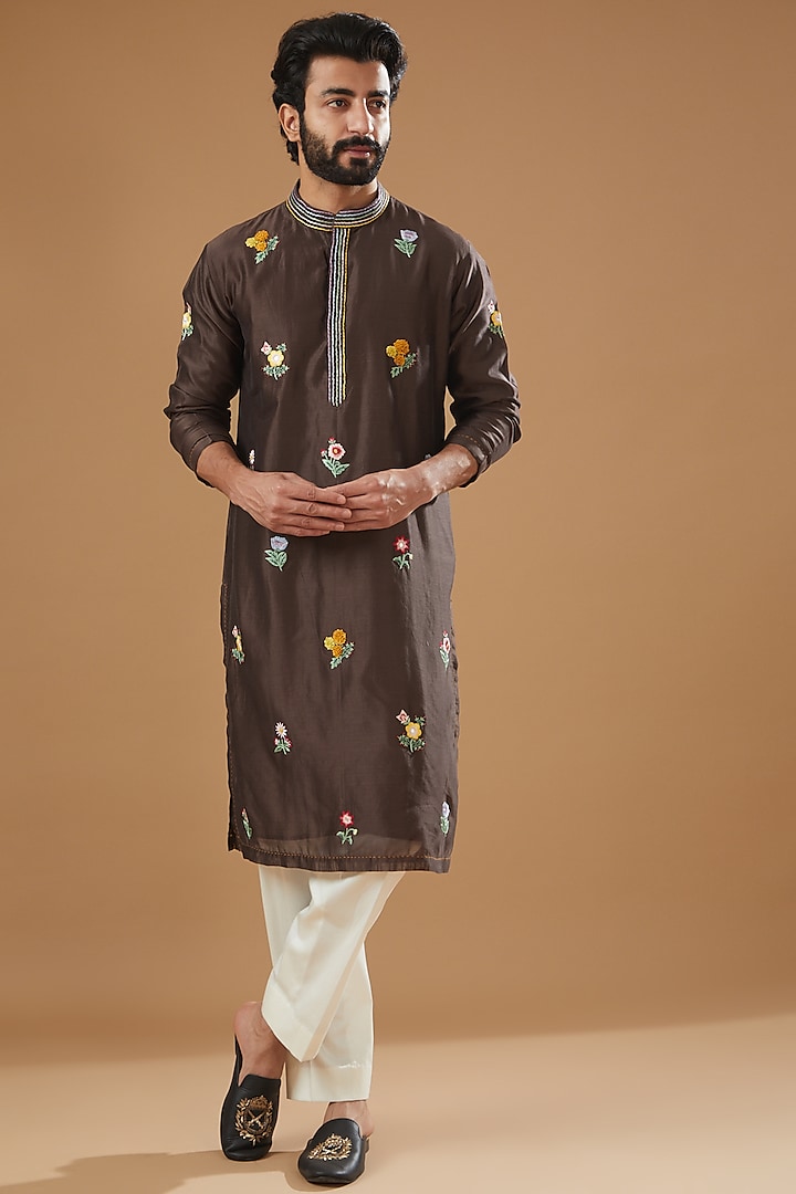 Brown Chanderi Handloom Embroidered Kurta by WABI SABI