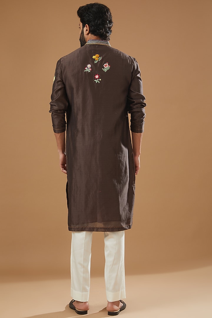 Brown Chanderi Handloom Bead Hand Embroidered Kurta by Wabi Sabi Men at Pernia's Pop Up Shop