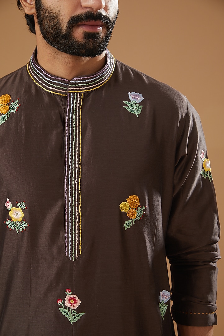 Brown Chanderi Handloom Bead Hand Embroidered Kurta by Wabi Sabi Men at Pernia's Pop Up Shop