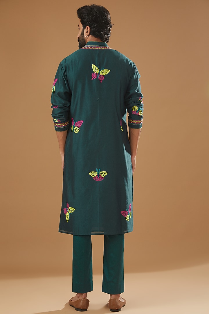Teal Chanderi Handloom Aari Embroidered Kurta Set by Wabi Sabi Men at Pernia's Pop Up Shop