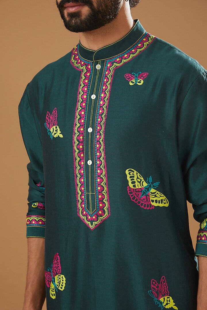 Teal Chanderi Handloom Aari Embroidered Kurta Set by Wabi Sabi Men at Pernia's Pop Up Shop