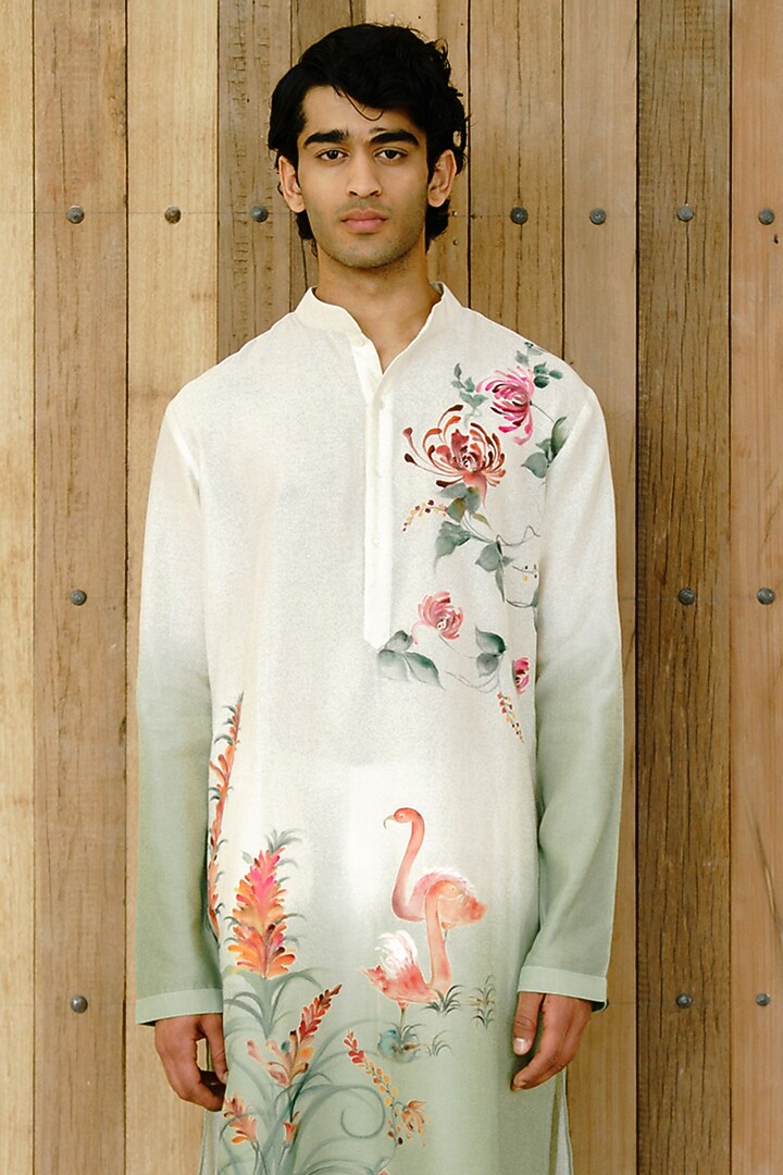 Ivory Ombre Chanderi Hand Painted Kurta Set by Wabi Sabi Men at Pernia's Pop Up Shop