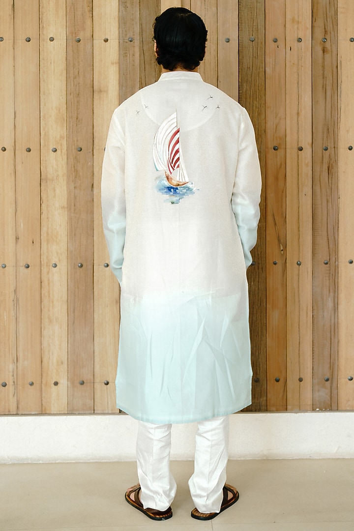 Ivory Ombre Chanderi Hand Painted Kurta Set by Wabi Sabi Men at Pernia's Pop Up Shop